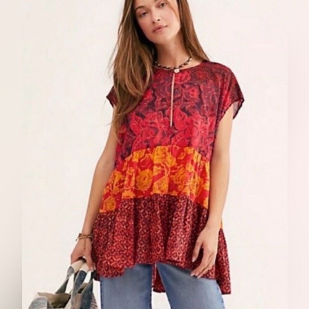 Free People Gotta Have You Tunic S Oversized Patchwork Top Red Boho Peasant